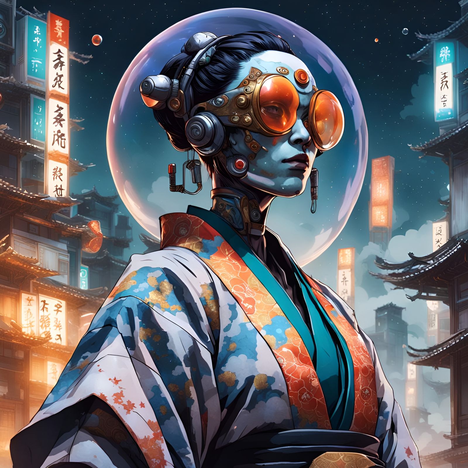 Cyborg in Kimono with Bubble in Apocalyptic City