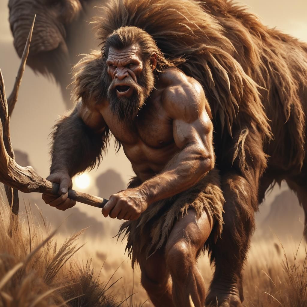 troglodyte caveman, closeup, on a savana hunting a mammoth