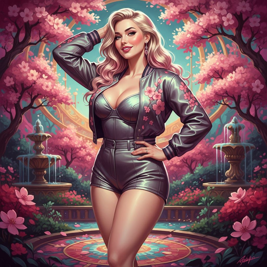 Pin-Up Woman With Pink Streaked Hair in Retro Garden