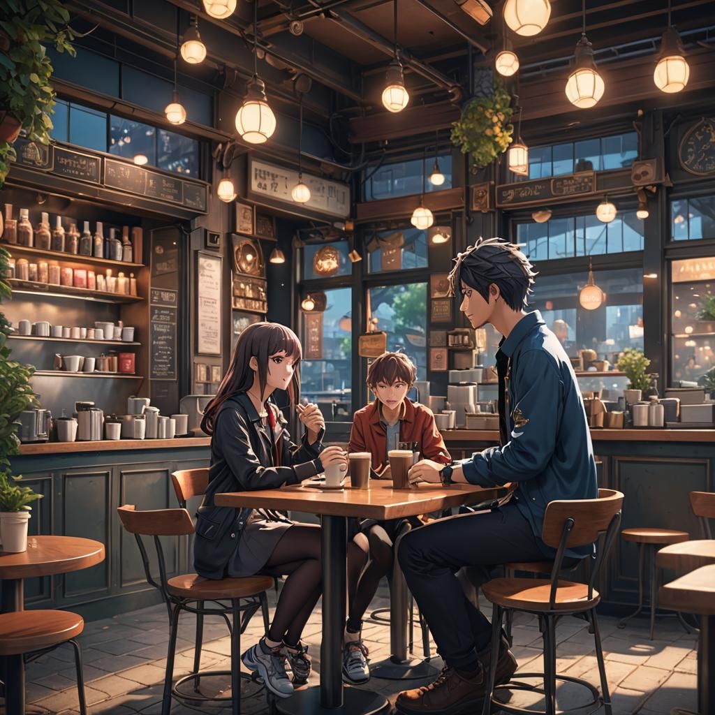 Anime Style Coffee Shop Date in Detailed Matte Painting
