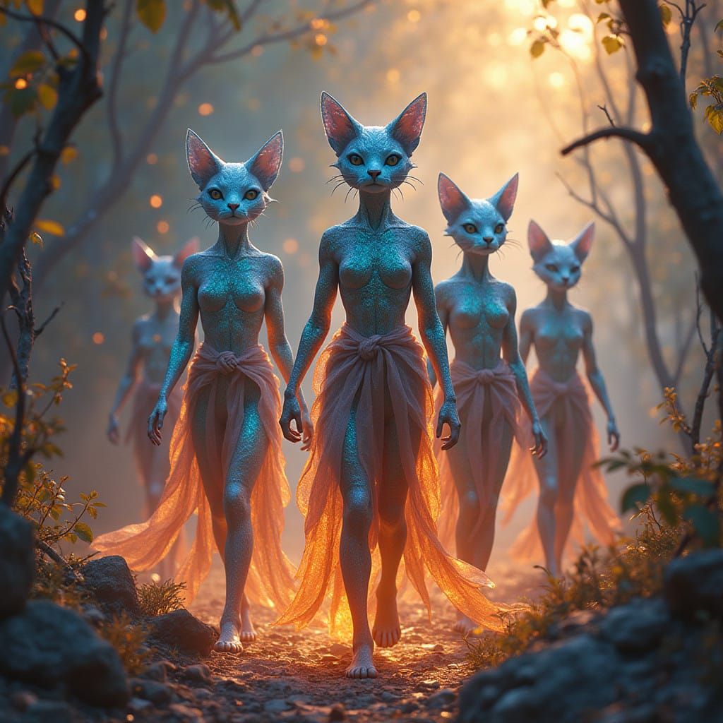 Celestial Feline Beings in Luminous Armor Gather in the Lyra...