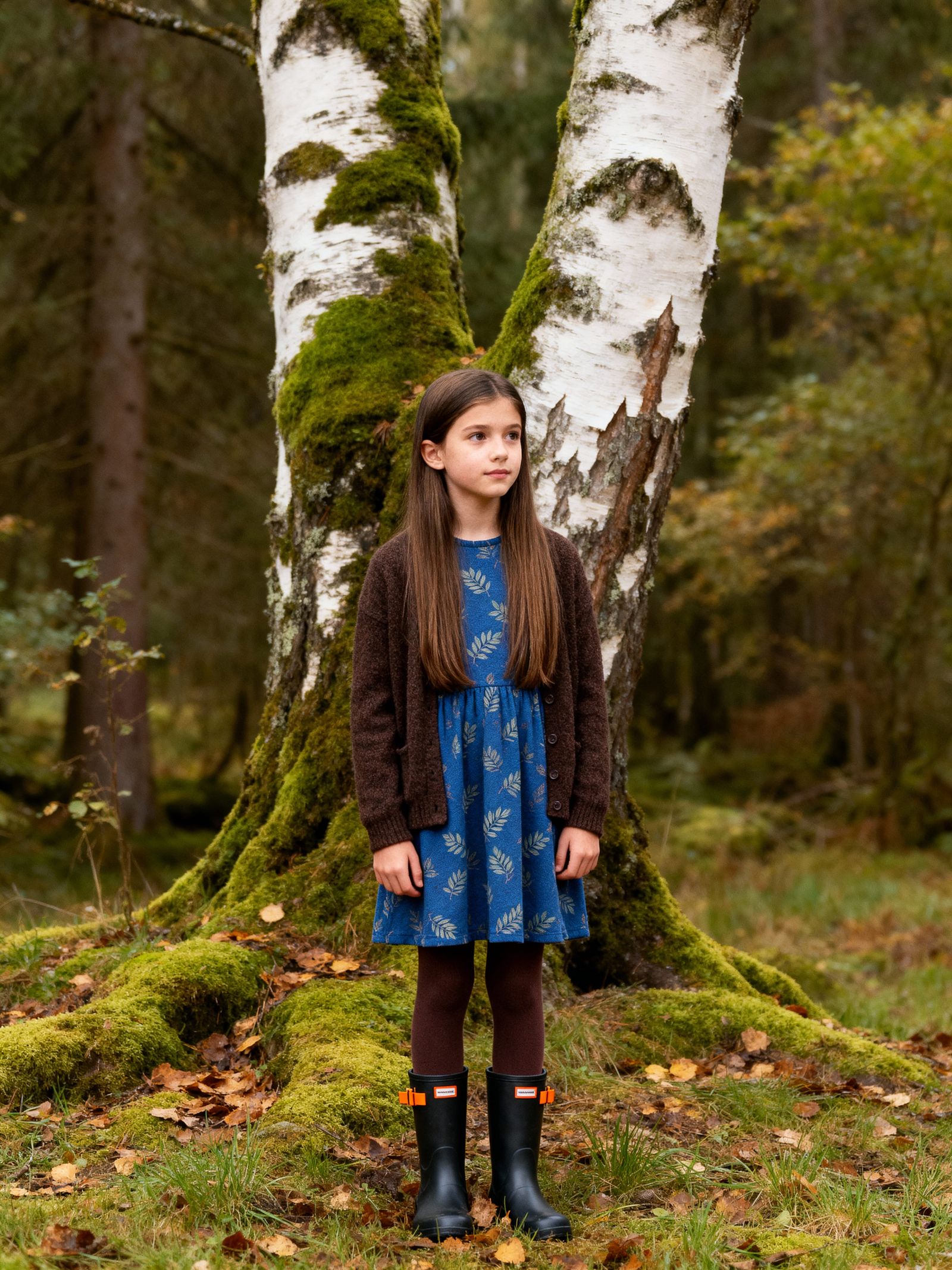 Girl in Blue Dress in Mossy Forest Clearing