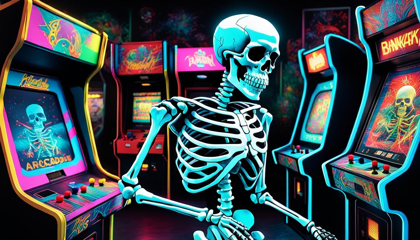 Skeleton in 80s Arcade: Banksy-Style Digital Art