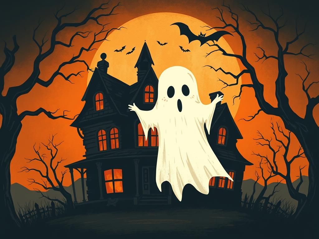 Eerie Haunted House with Classic Ghost
