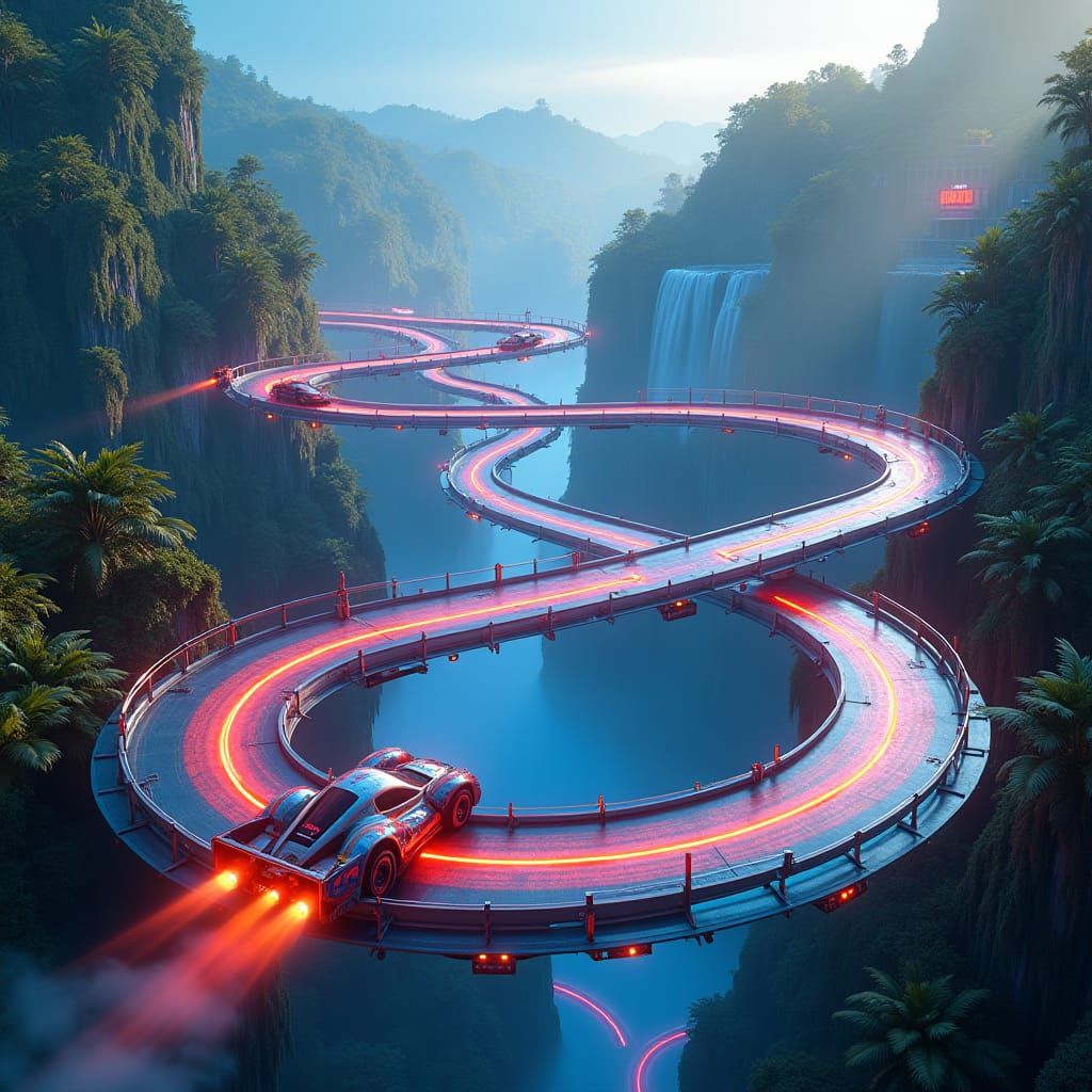 Futuristic Racetrack Above Tropical Island in Fantasy Style