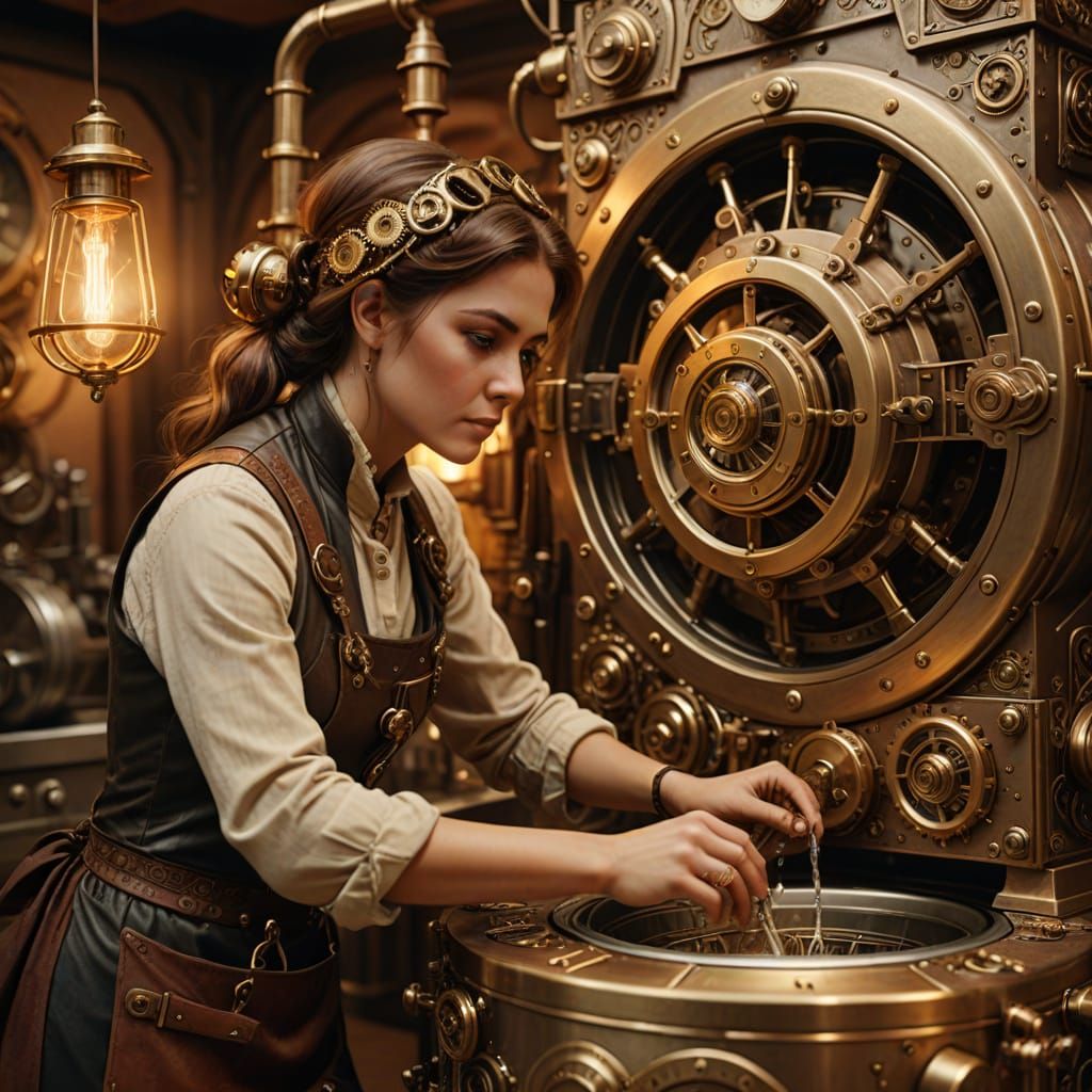 Steampunk Woman Operates Washing Machine in Vintage Kitchen