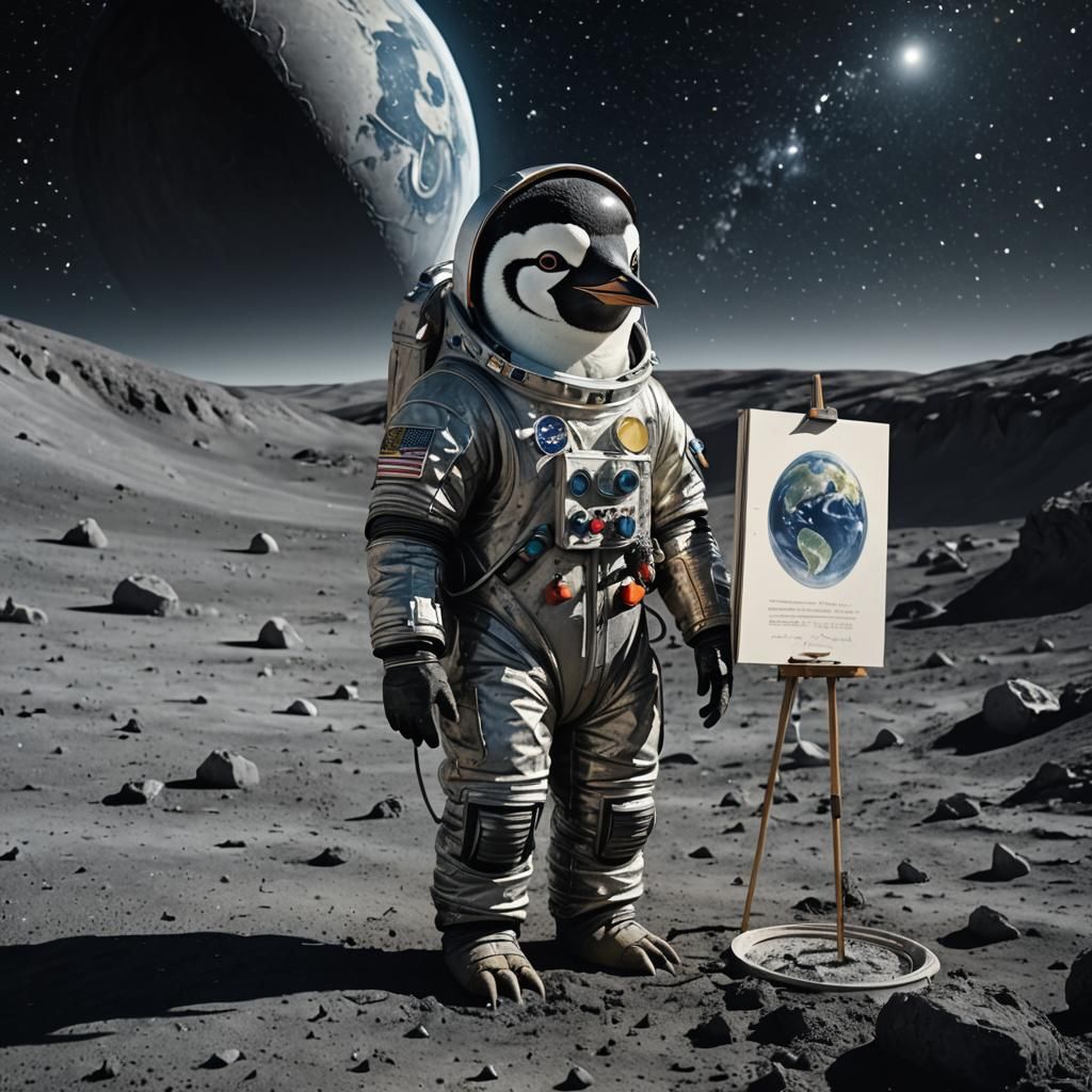 Penguin Astronaut and Lunar Wishing Well