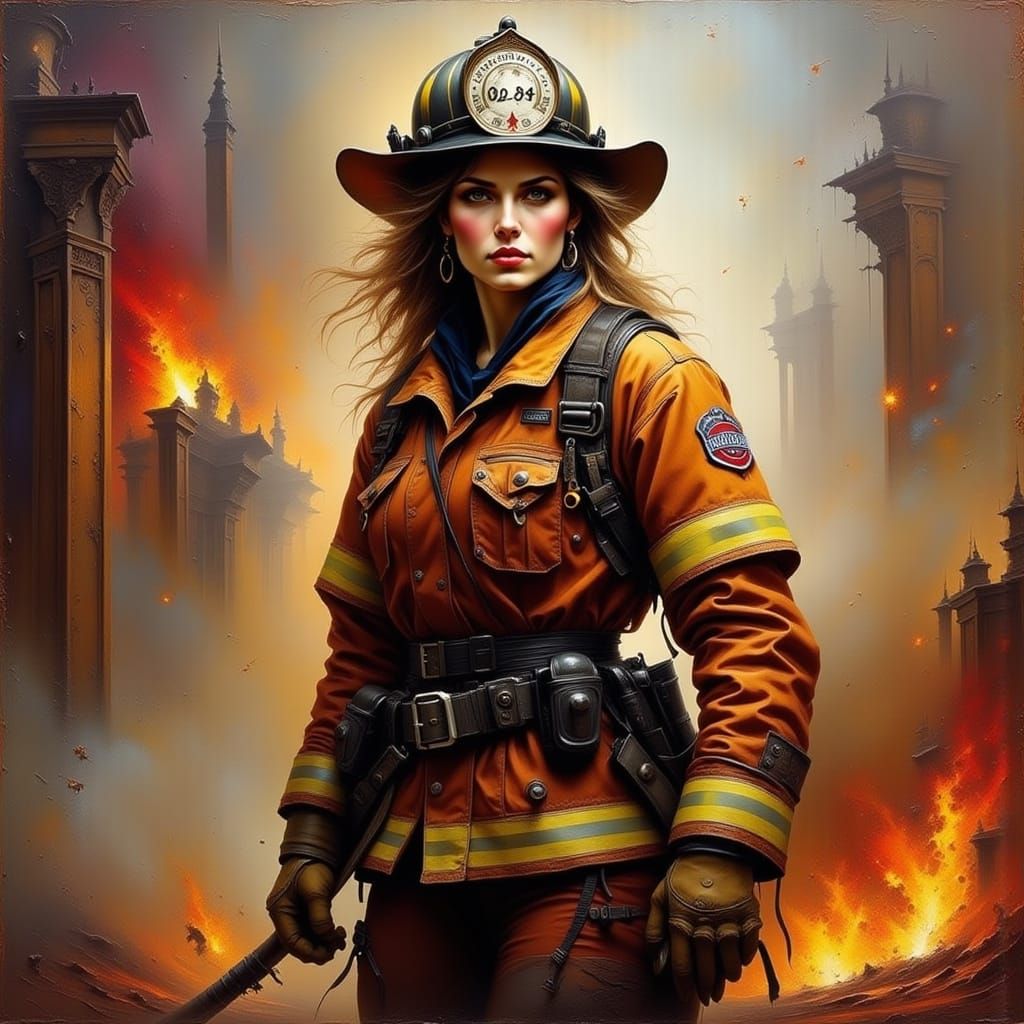 Heroic Female Firefighter in Impasto Portrait Style