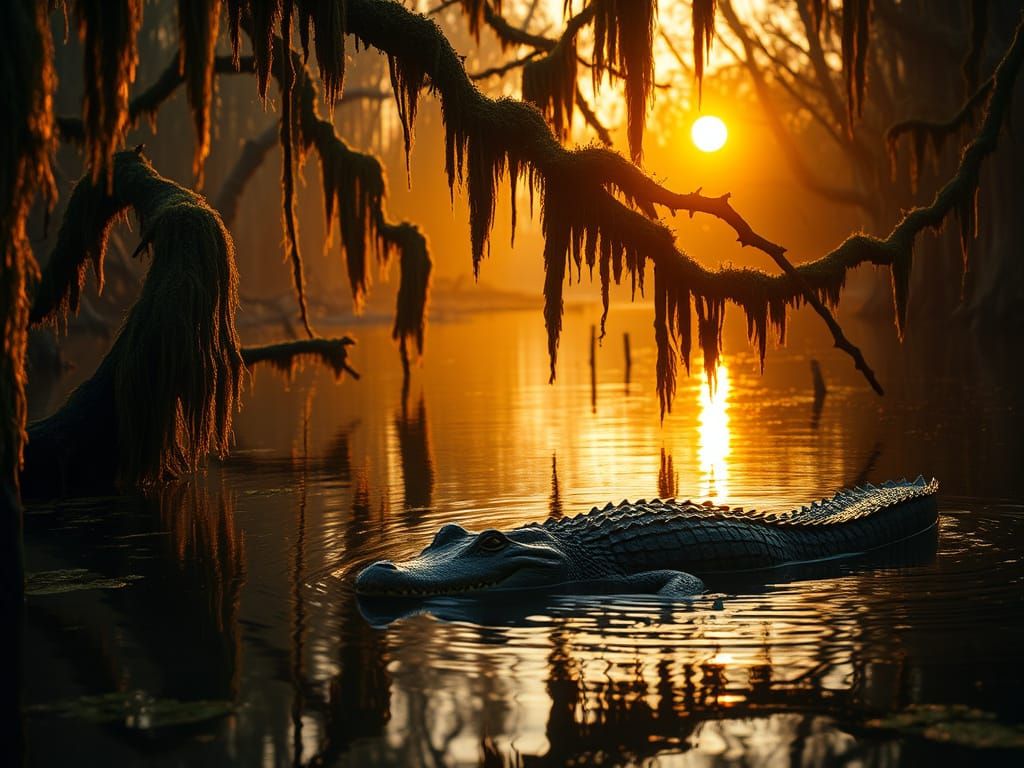 Gloomy Golden Louisiana Swamp Sunset