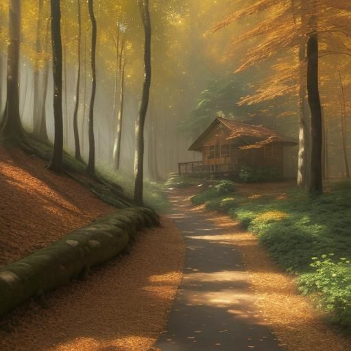 Autumn Cabin in Impressionist Landscape Style