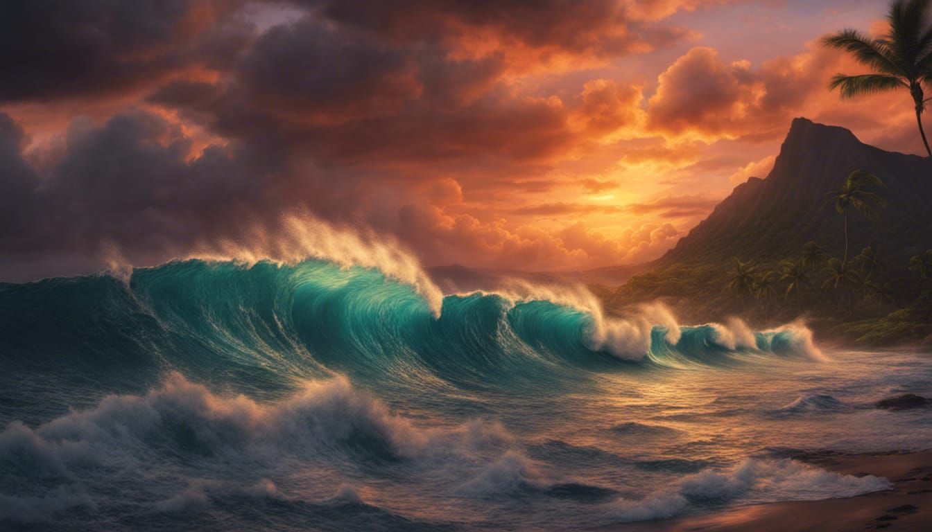 Detailed Hawaiian Sunset Scene: Digital Matte Painting