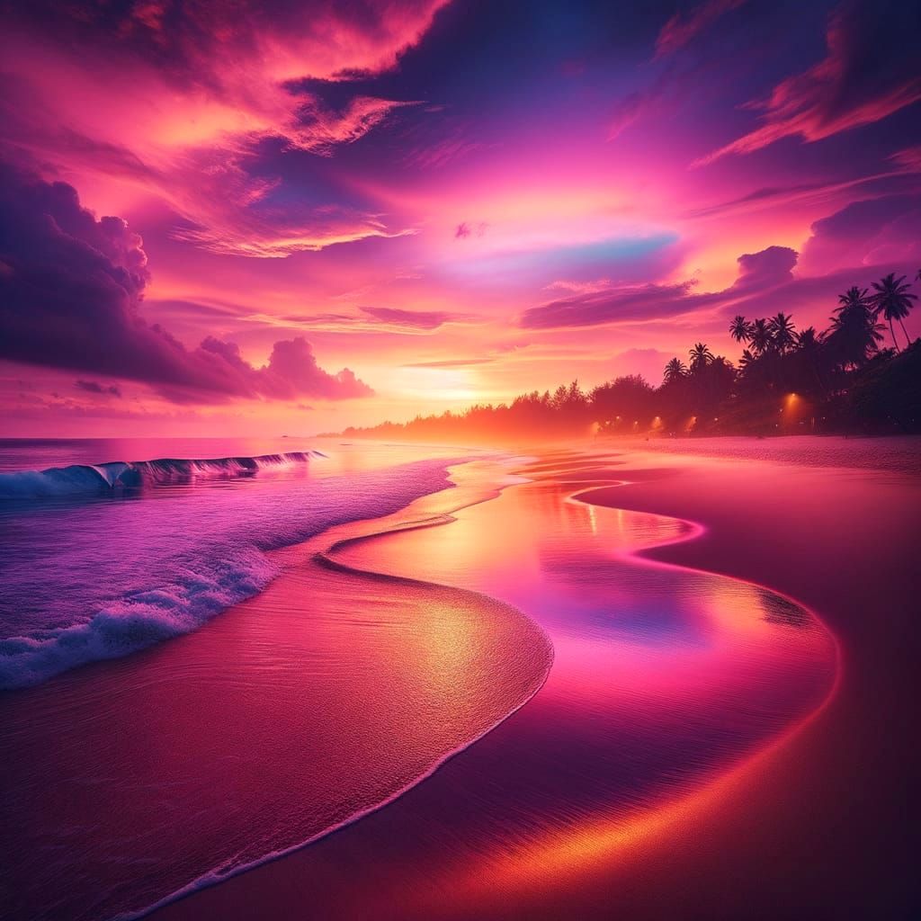 Serene Beach Sunset with Silhouetted Palm Trees