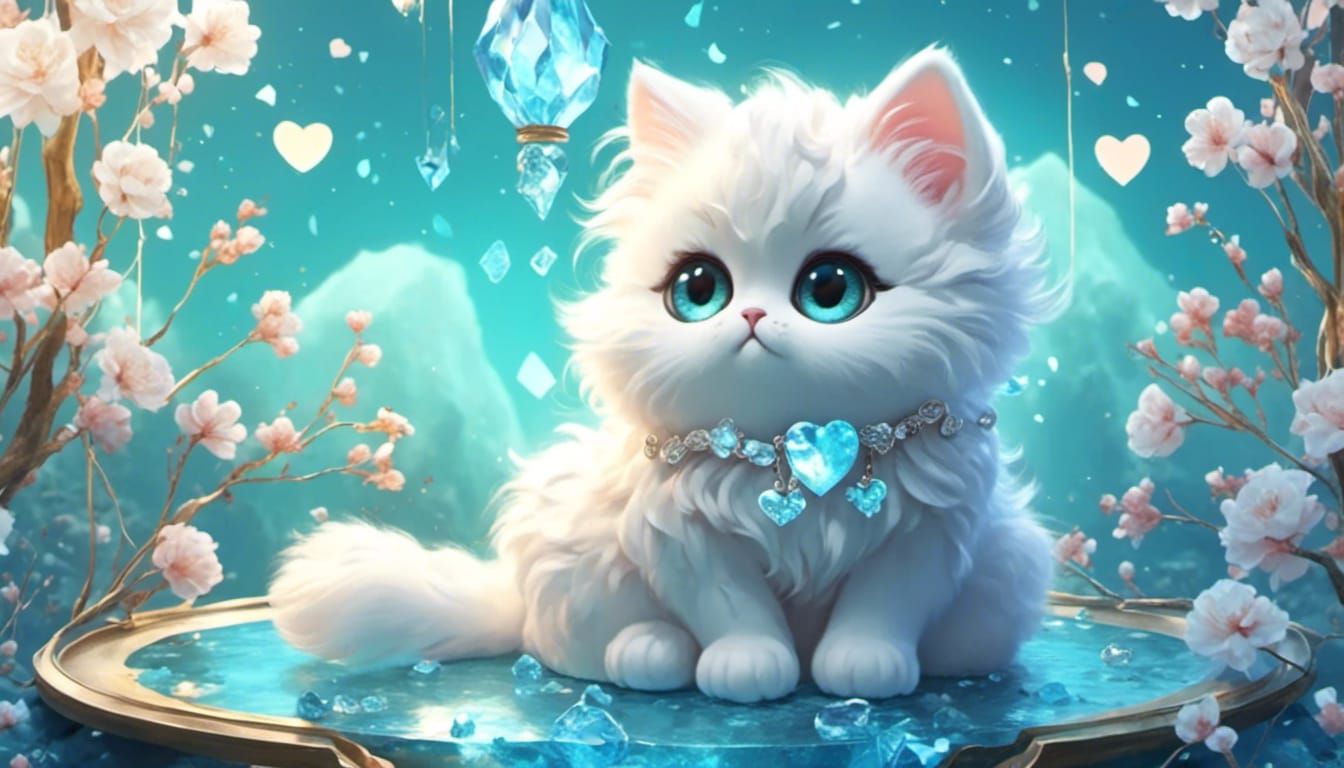 <lora:eye:1.0> cute, fluffy cats,chibi cat sitting on blue spring scene, birds diamond lamp hearts