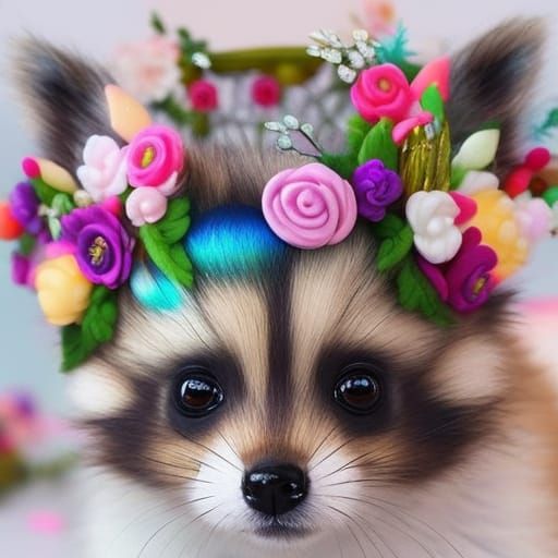 Baby Raccoon Adorned with Flower Crown in Hyperrealism