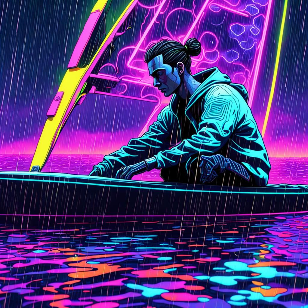 Cyberpunk Surfer Cries in Neon Solar Storm