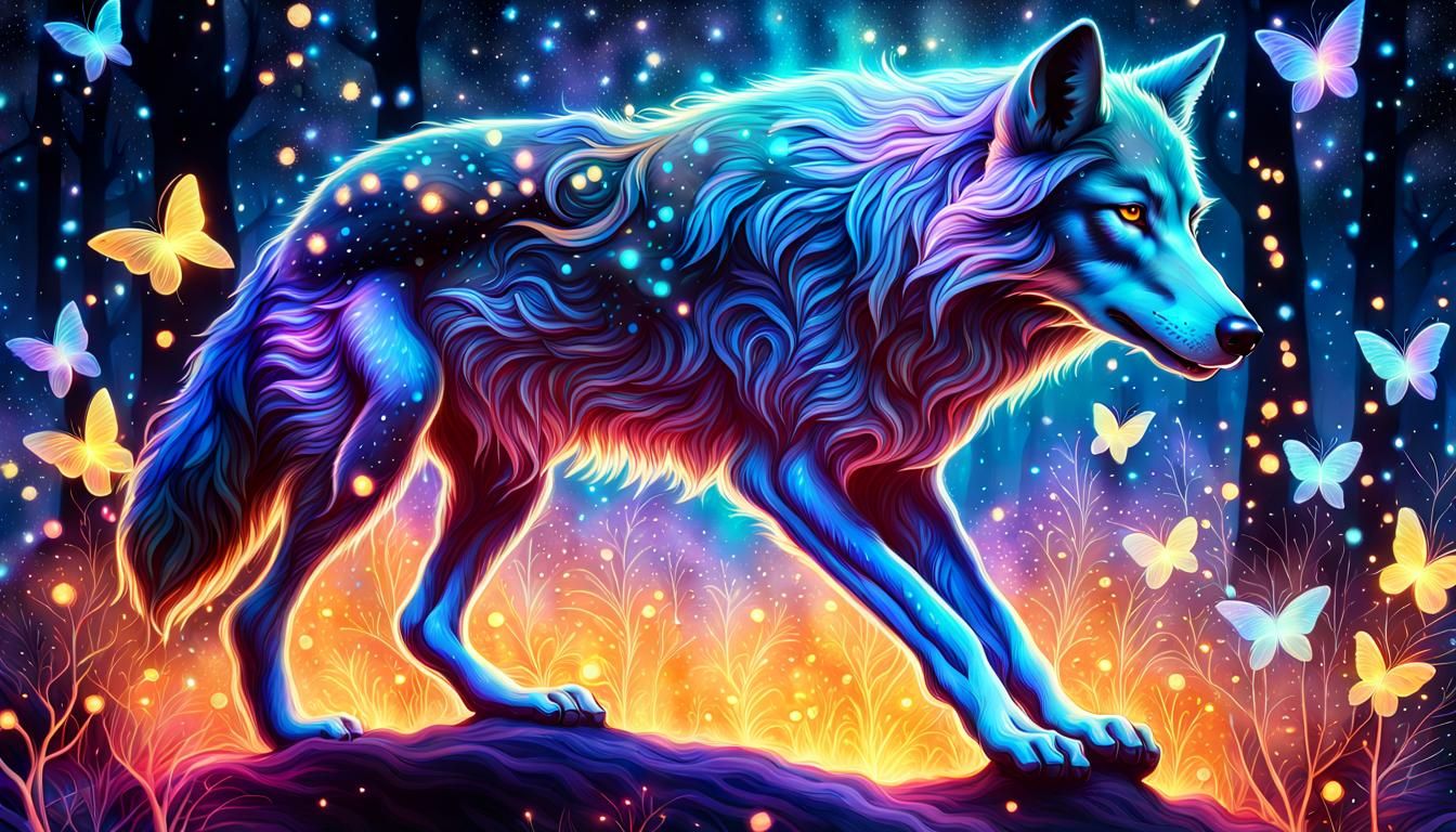 Mythical Wolf Playing with Fireflies: Cosmic Illustration