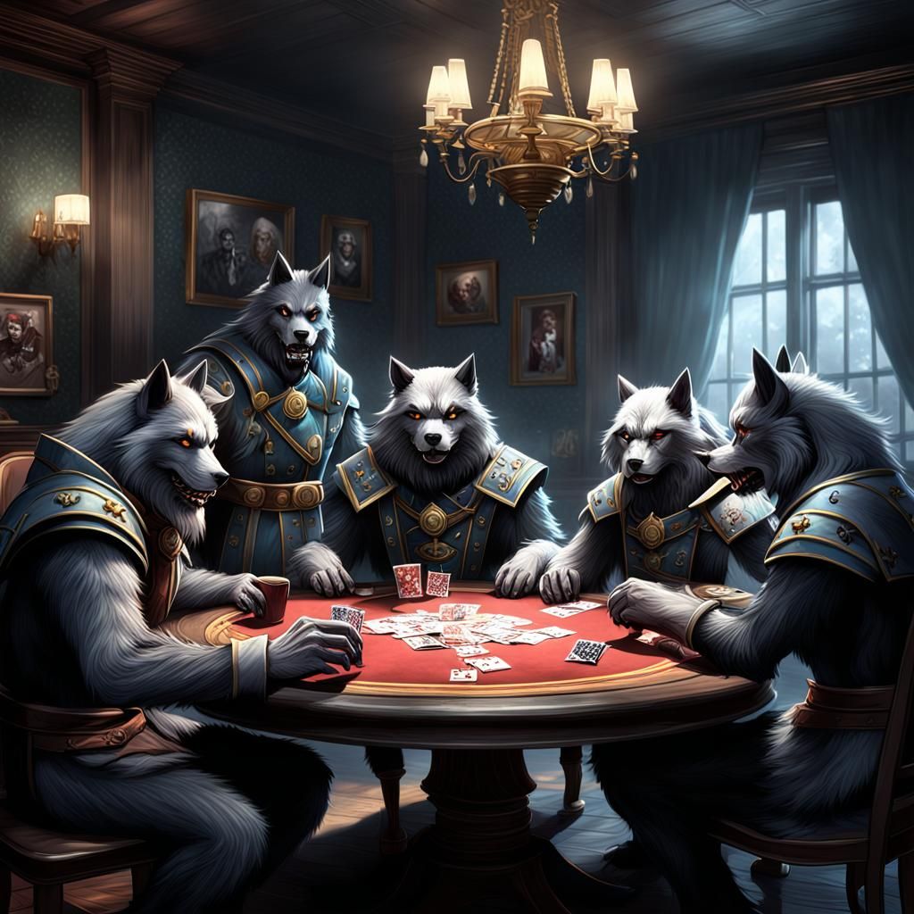 Werewolves Playing Cards in Smoky 1950s Room: Anime Art