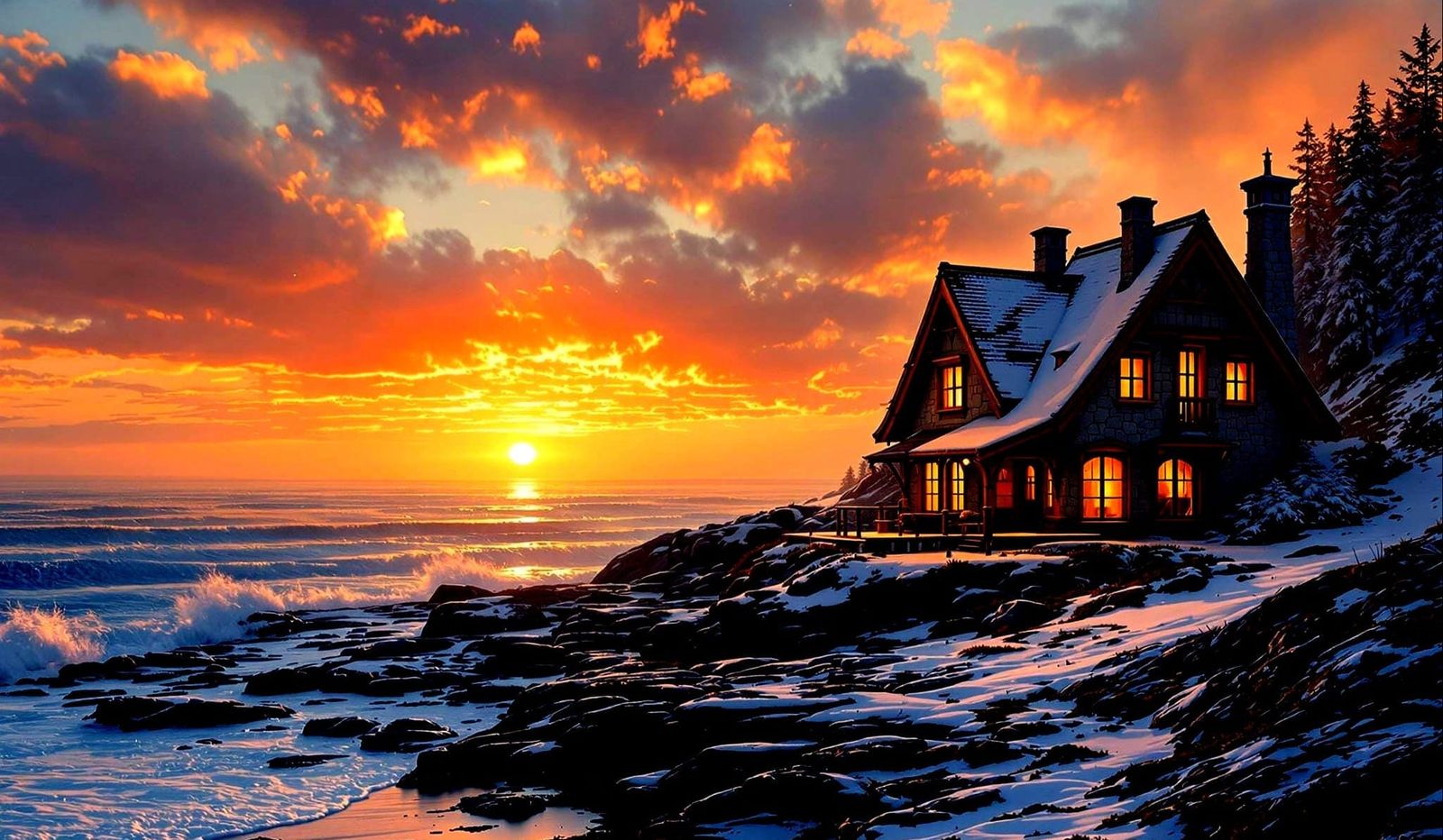 Cozy Winter Beach Cottage in Sunset Glow
