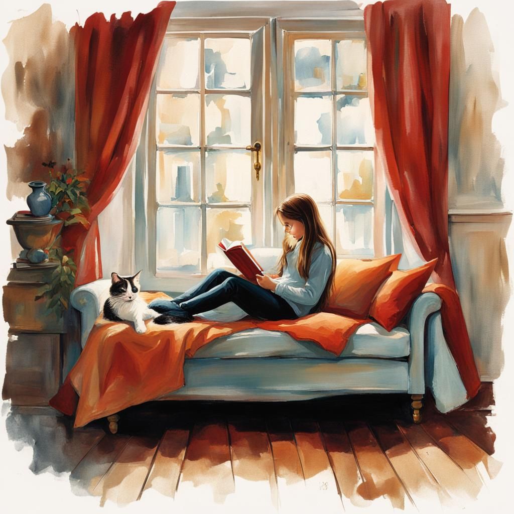 Girl Reading with Cat at Window
