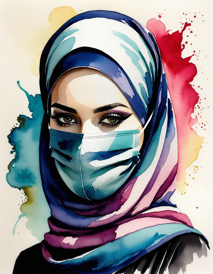 Sweet Hijabi Portrait with Mask in Pop Art Style