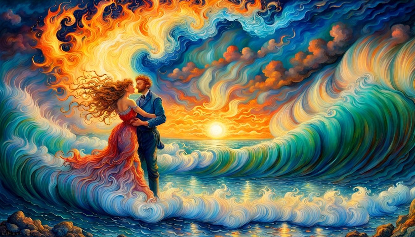 Fire and Ocean Waves in Surrealist Style