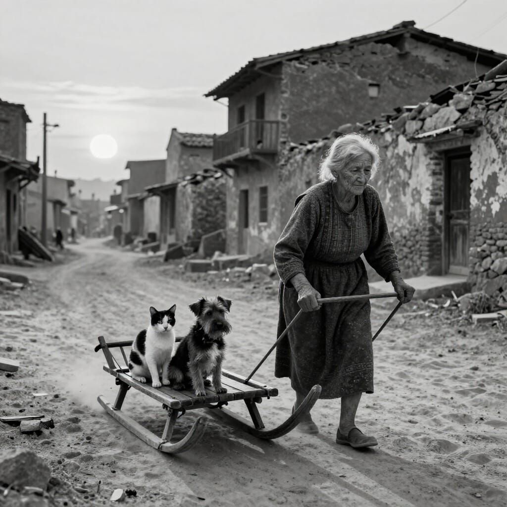 Elderly Woman Pulls Sled with Pets Through Ancient City