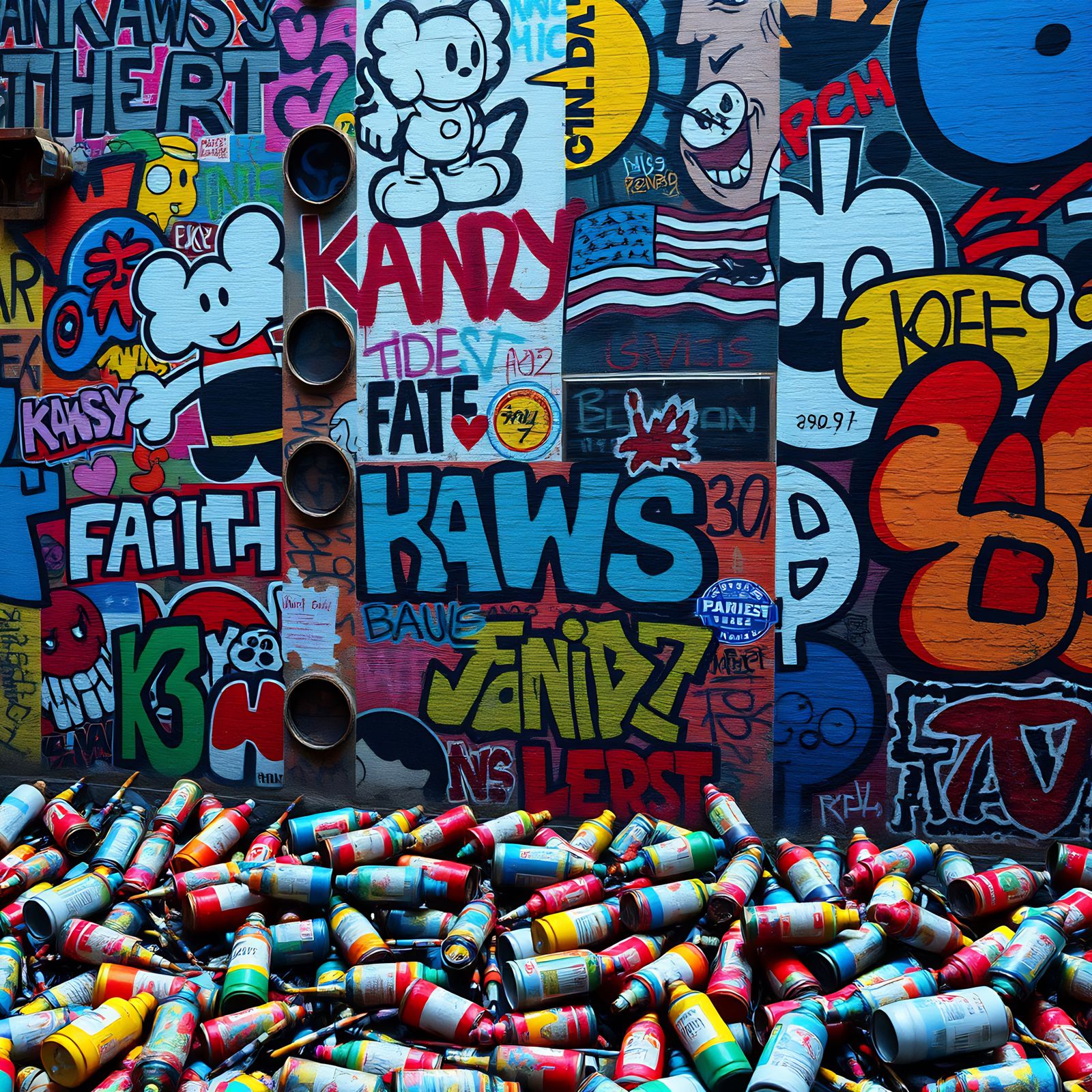 Street Art Wall with Empty Paint Bottles