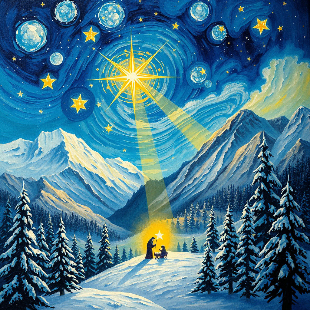 Winter Nativity in Starry Night Style