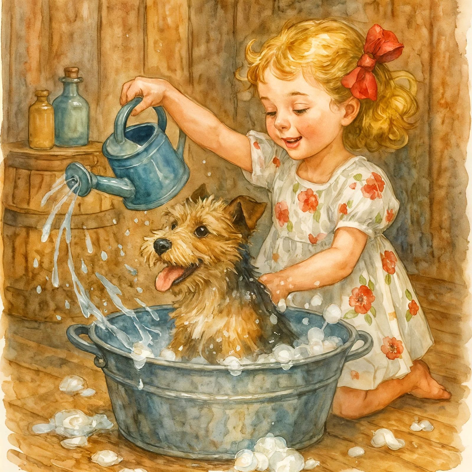 Girl Bathing Dog in Tub: Watercolor Painting