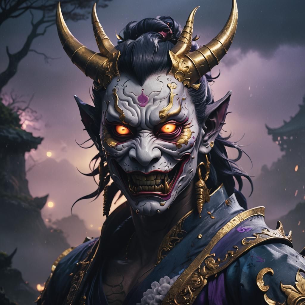 Dark Fantasy Hannya Mask with Glowing Eyes