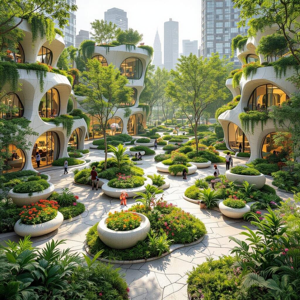 Futuristic Organic Urban Park with Greenery and Flower Pots