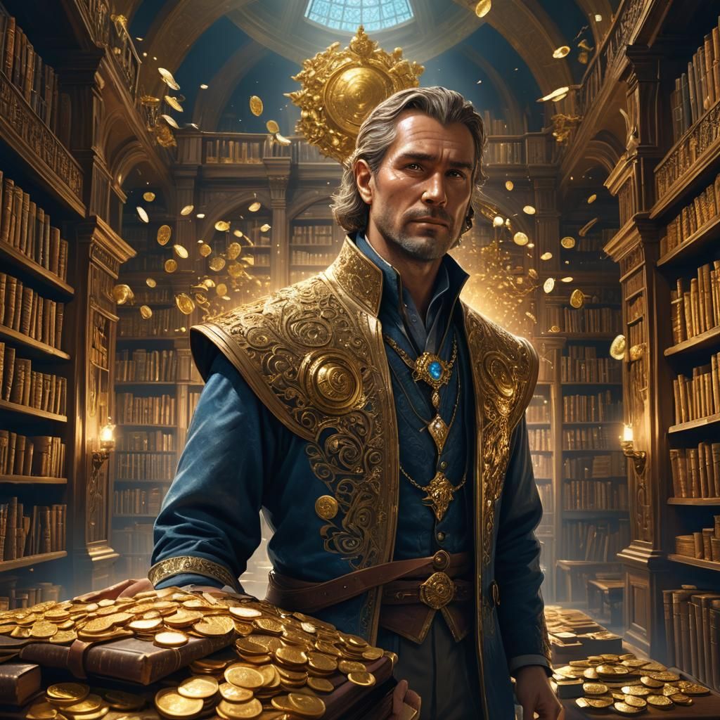 Man Surrounded by Gold in Ancient Library