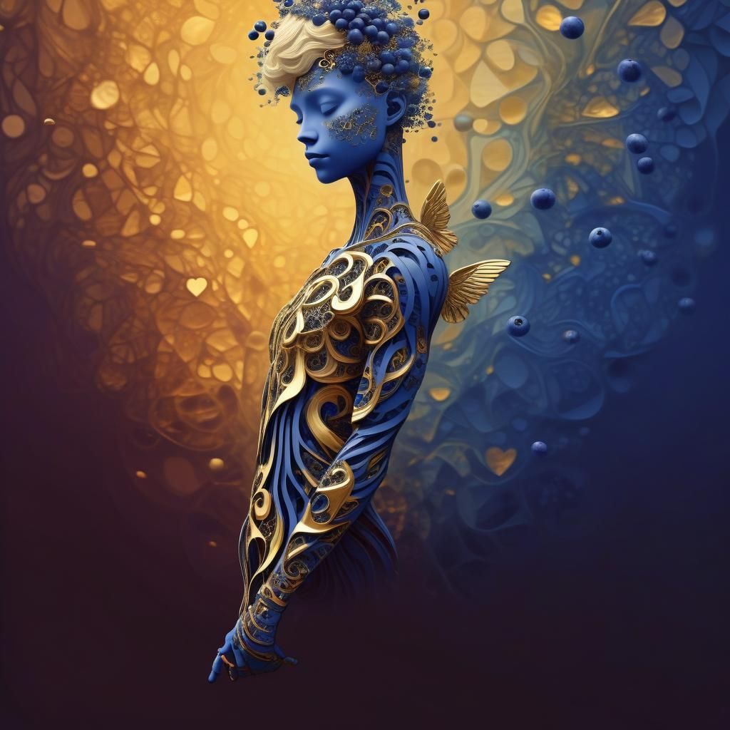 Blueberry Heart with Golden Wings: Hyperrealistic Fusion Art