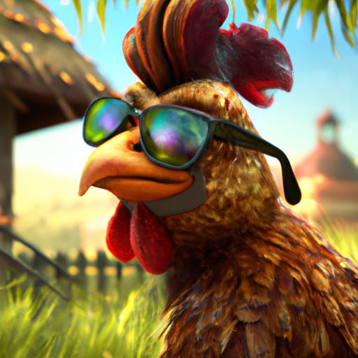 Sunglasses Rooster on Sunny Farm in Pixar Style