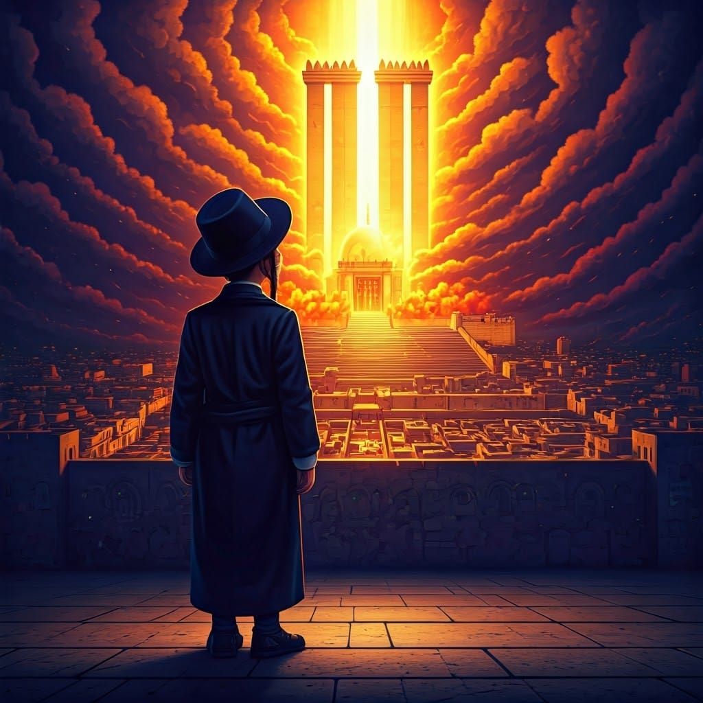 Boy Observes Fiery Temple Graffiti in Anime Style