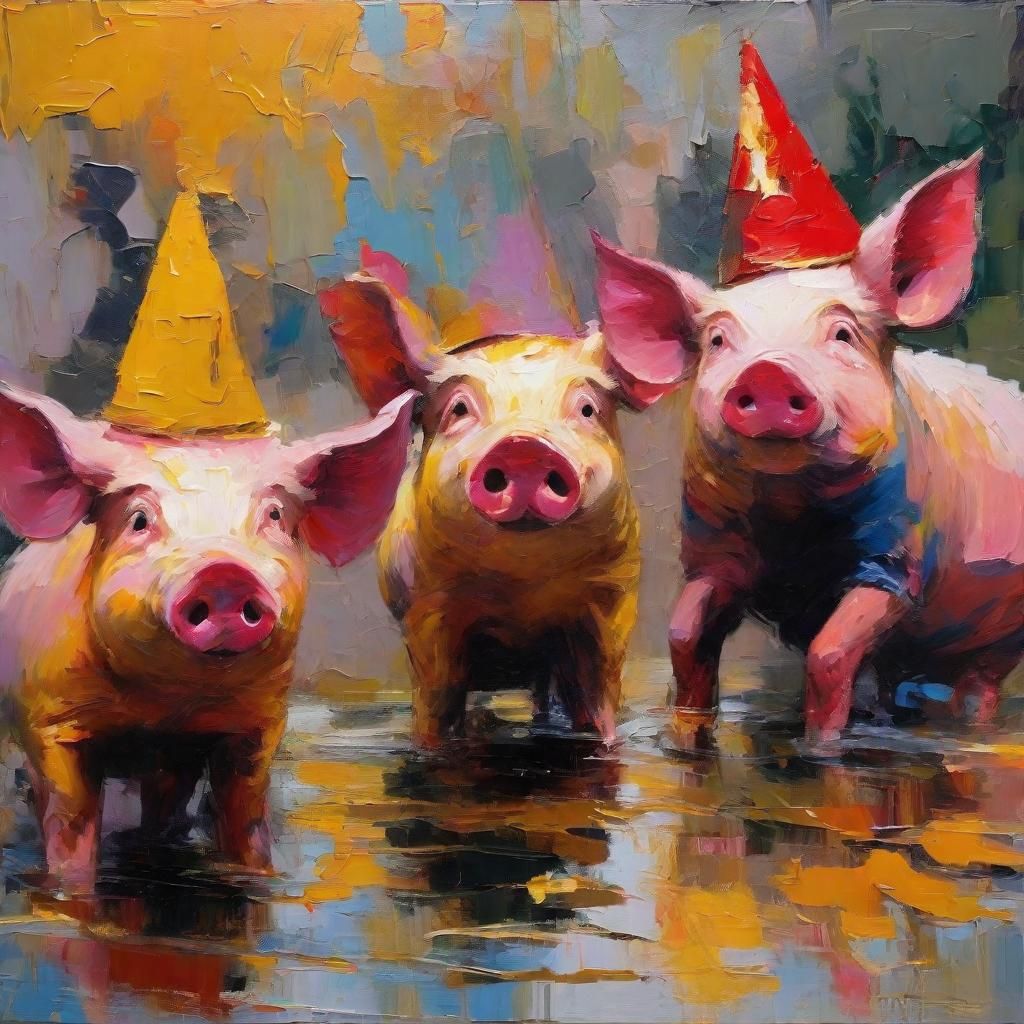 Vibrant Pigs in Whimsical Tea Party Scene