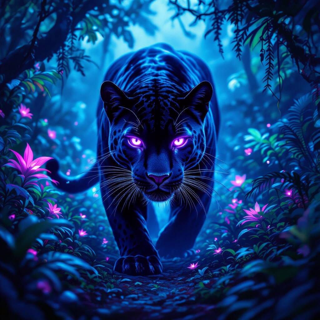 Panther with Neon Eyes in Bioluminescent Jungle