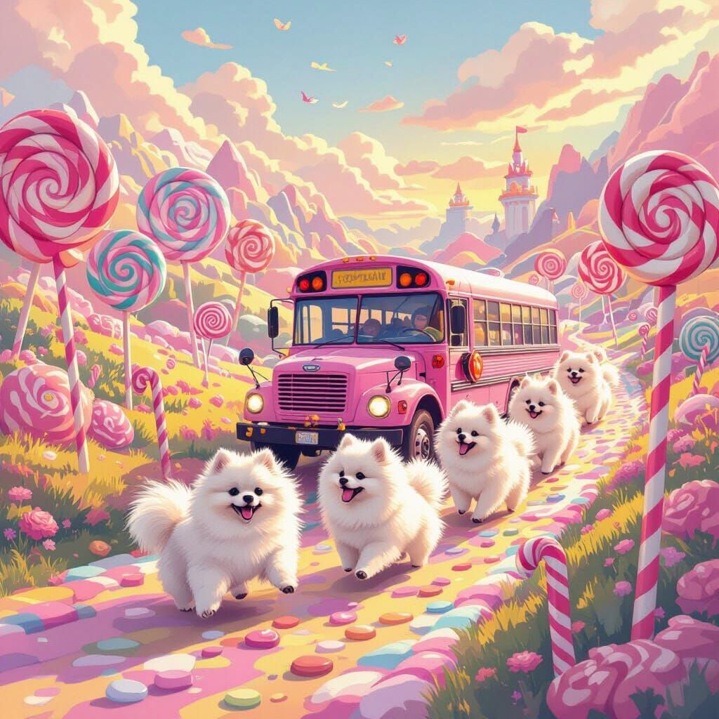 Pomeranians Chase Pink School Bus in Candy Land