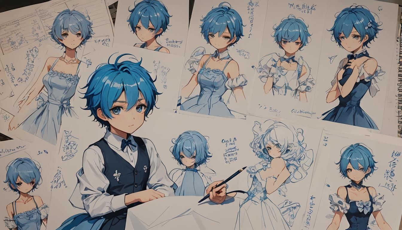 Blue-Haired Boy Sketching Dresses: 3D Anime Art