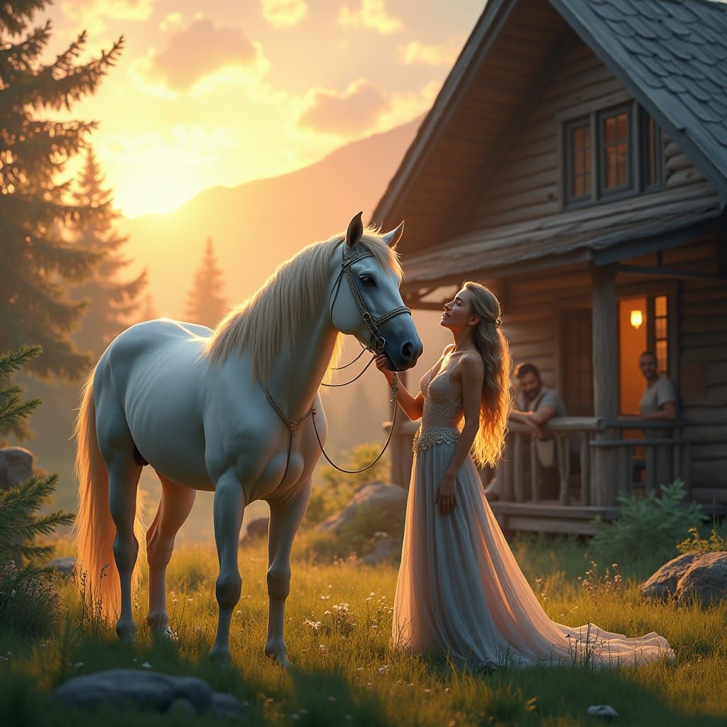 Peaceful Mountain Cabin Scene with Majestic Snow-White Horse