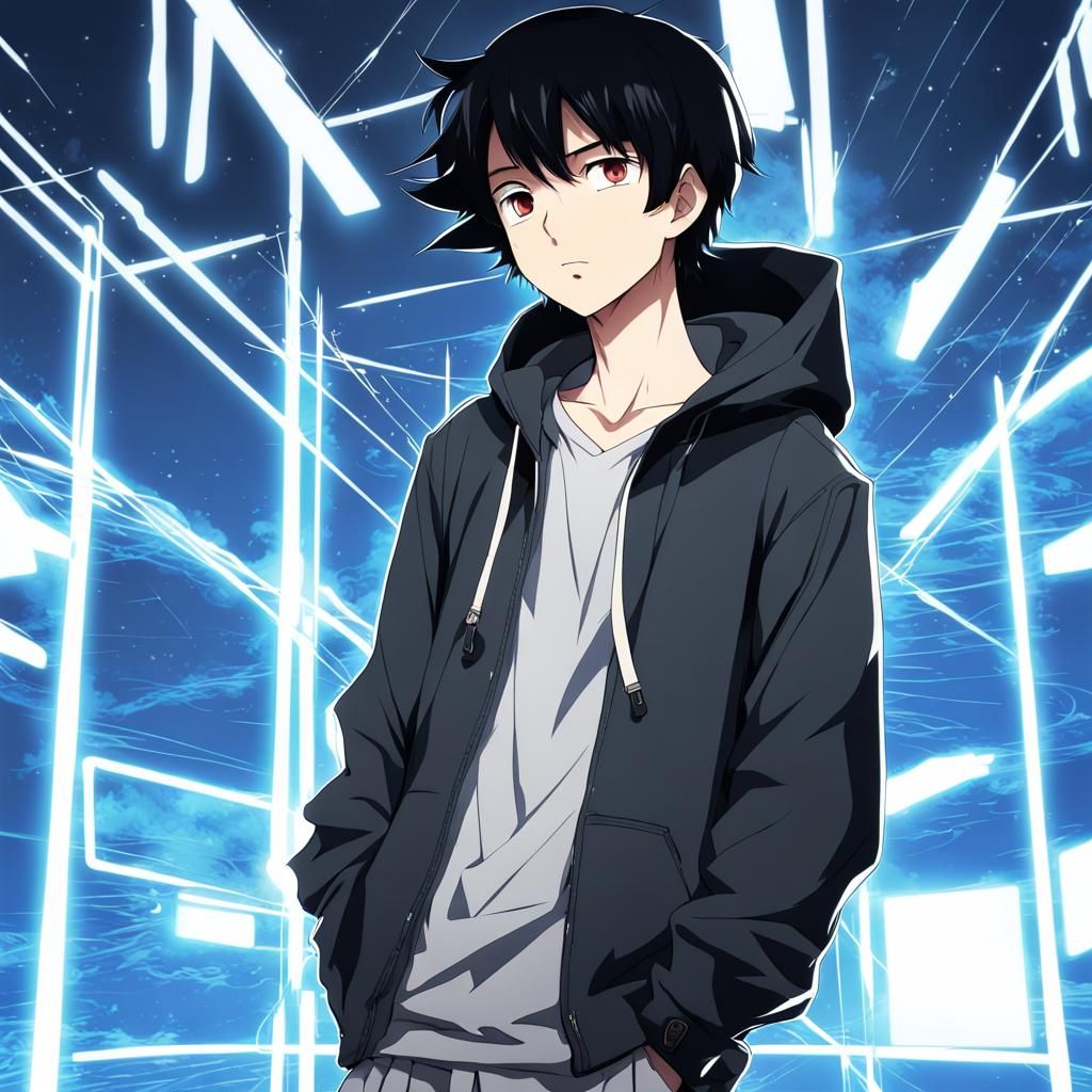 Anime Asian Boy with Floating Screens and Electricity