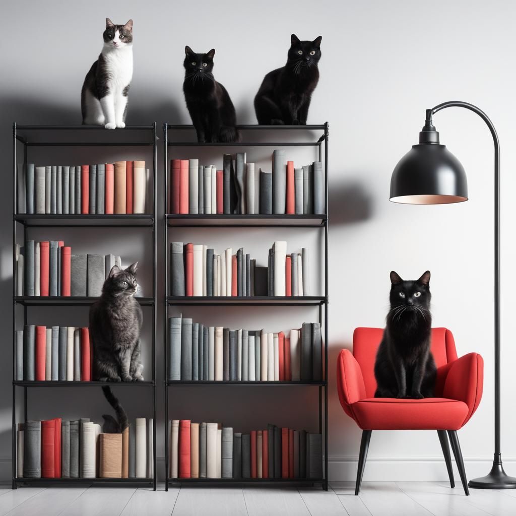 Black Cats in Library with Colorful Books