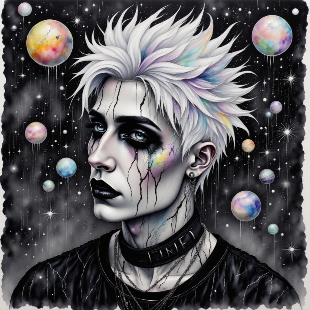 Watercolor Portrait of a Young Goth Man in Space