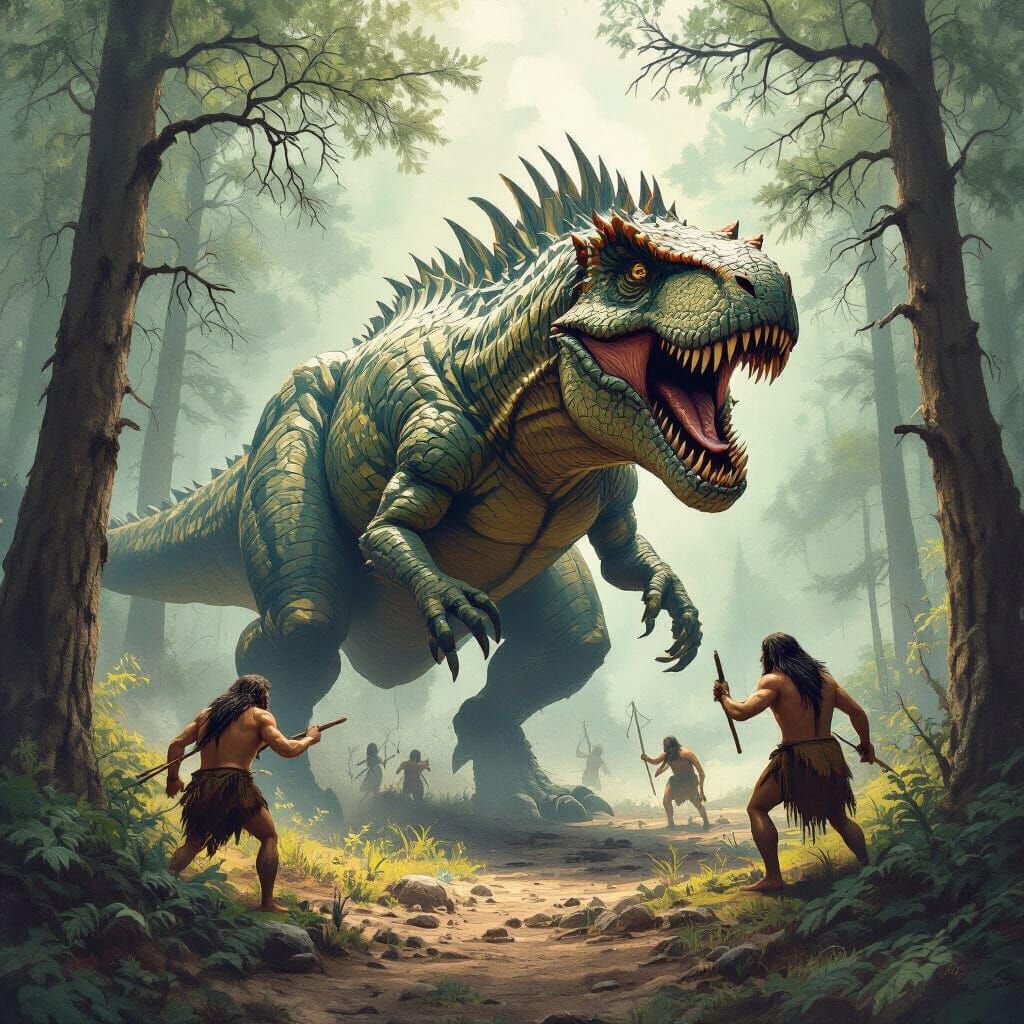 T-Rex Hunts Cavemen in Prehistoric Forest