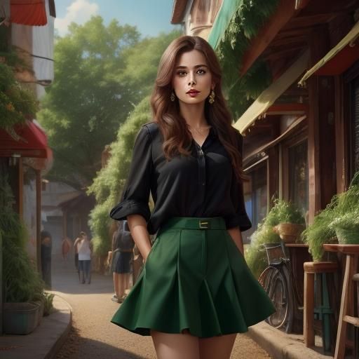 <lora:Pretty fashion:1.0> pretty woman, green blouse, black ...