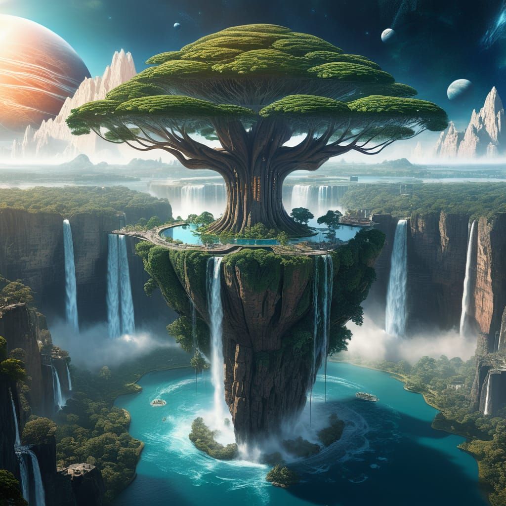 Futuristic City on Floating Rock with Giant Tree