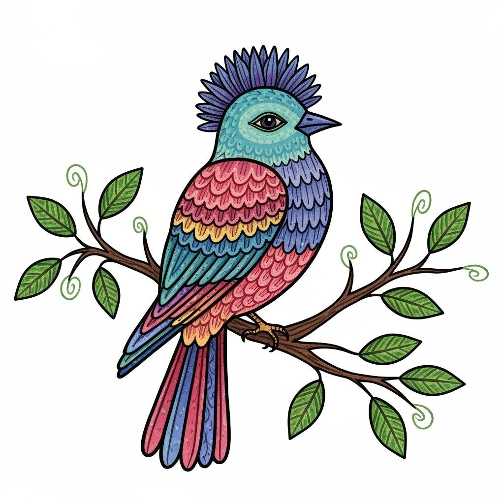 Whimsical Bird Illustration in Naive Art Style