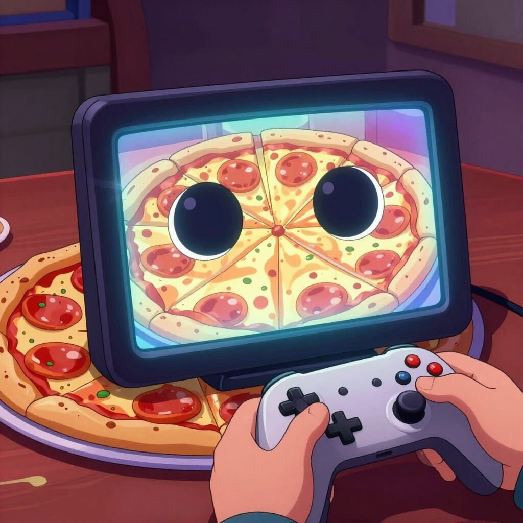 Pizza Gamer Focused on Video Game Screen