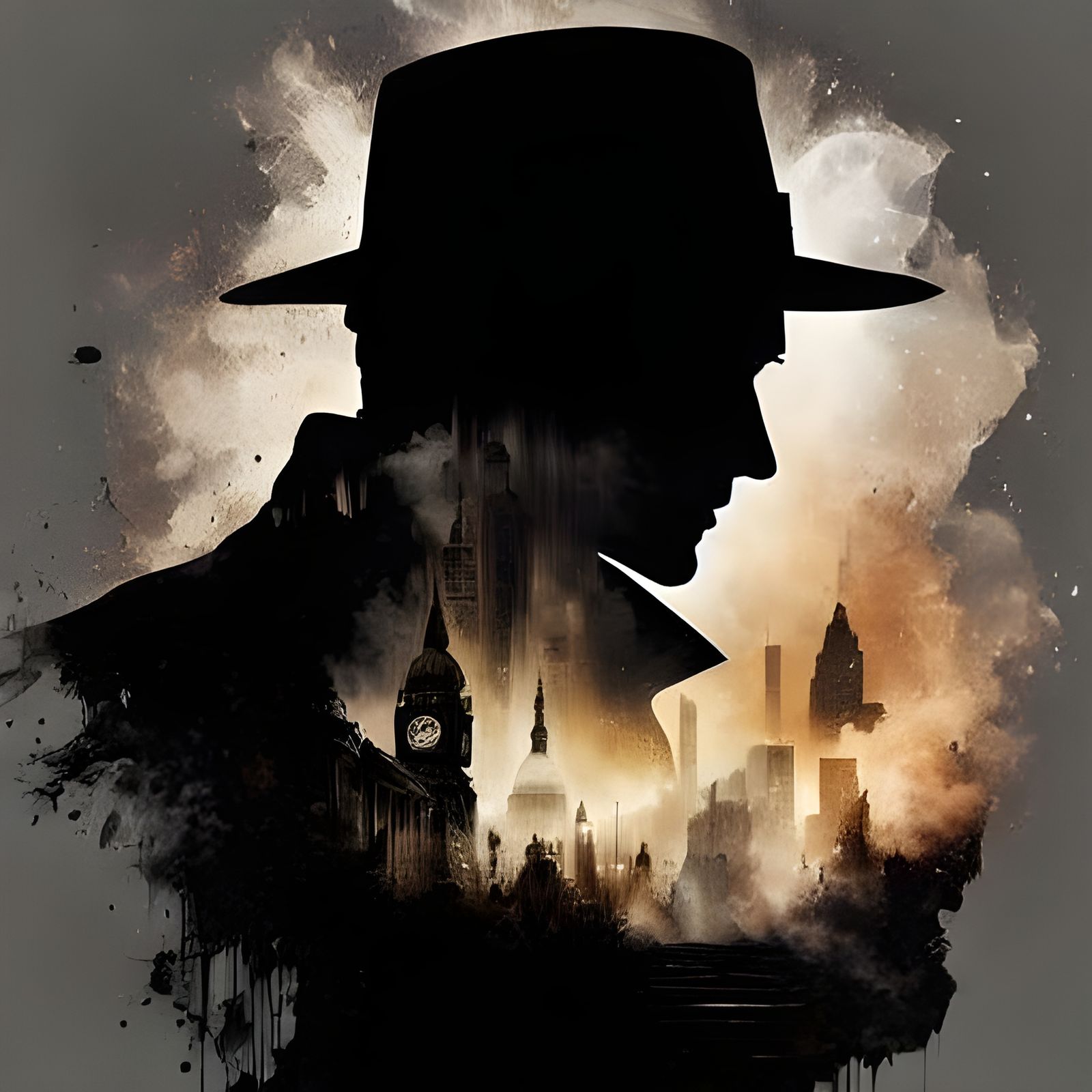 Noir Detective Double Exposure in Comic Art Style