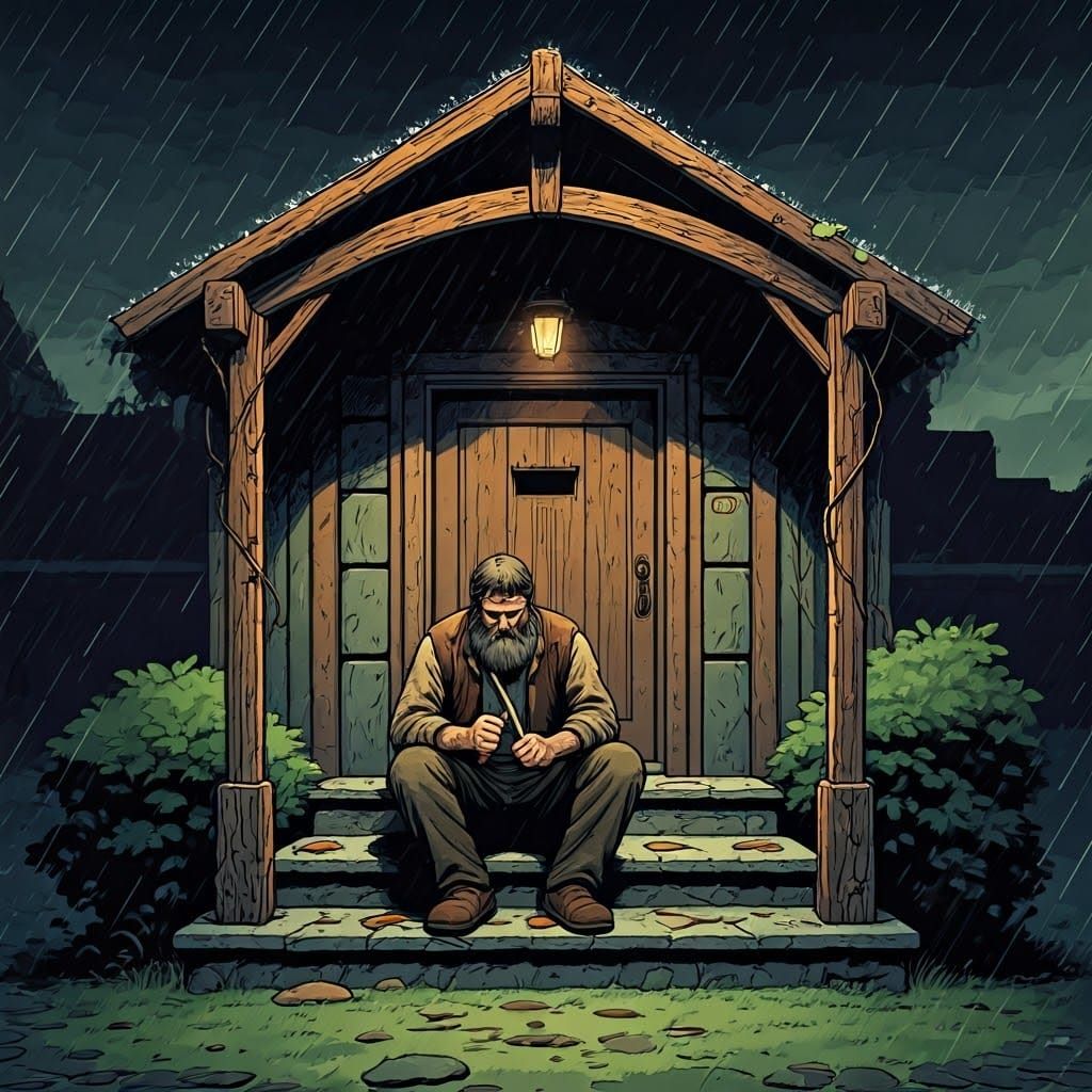 Rainy Day Whittler in Detailed Comic Book Style